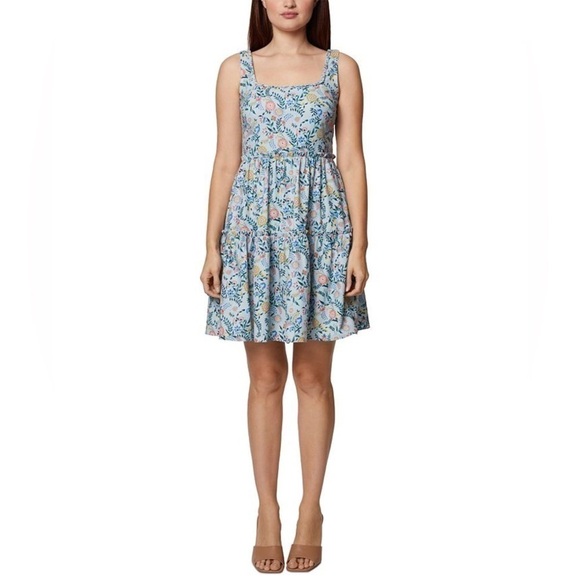 BCBGeneration Square Neck Mini Dress Women's 12 Geo Floral Ruffled Zip Closure - Picture 2 of 14